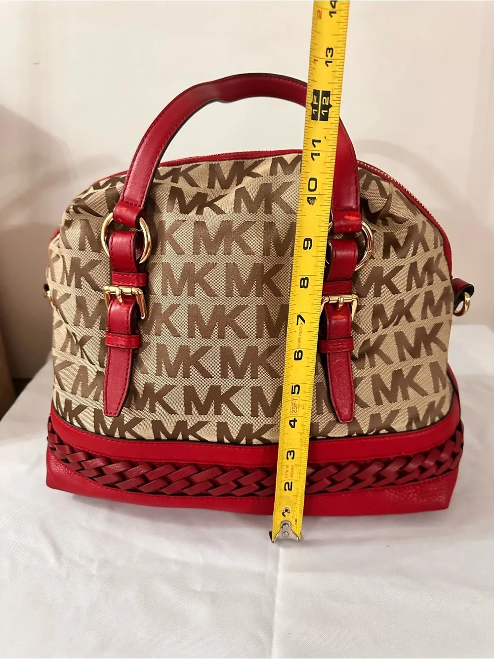 Michael Kors Beige MK Monogram Satchel with Red Trim
